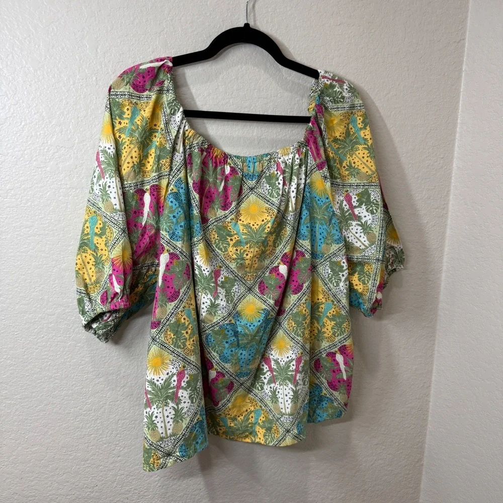 Loft XXL Tropical Parrot Palm Tree Print Puff Sleeve Top Resort Boho Vacation